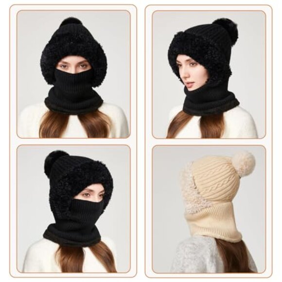 Fleece Lined Knitted Balaclava Hooded Beanie Neck Warmer One Piece main image 8